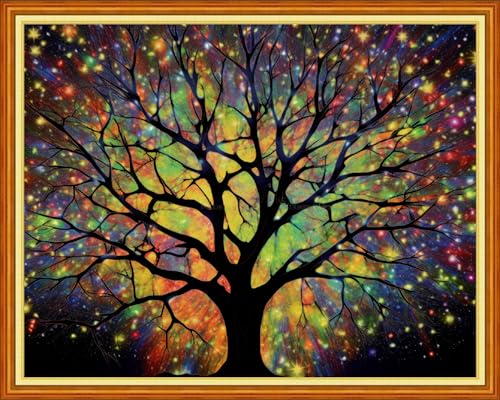 Image of Dimensean Stamped Cross Stitch Kits Full Range of Embroidery Patterns Starter Kits for Beginners Adult DIY Cross Stitches Needlepoint Kits 11CT-Aurora Night Light Tree 16x20 inch