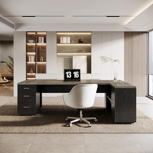 Image of Tribesigns 85.8-Inch L-Shaped Executive Office Desk with File Drawers & Storage Cabinet, Professional Corner Computer Desk Extra Large Business Workstation with Adjustable Shelves (Gray&Black)