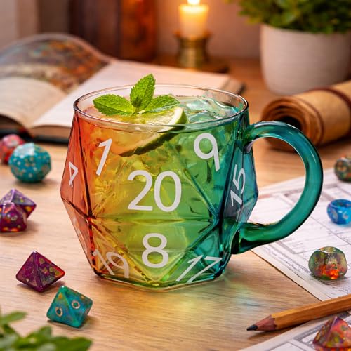 Taza de vidrio D20 arcoíris con mango, 20 caras miniatura 1