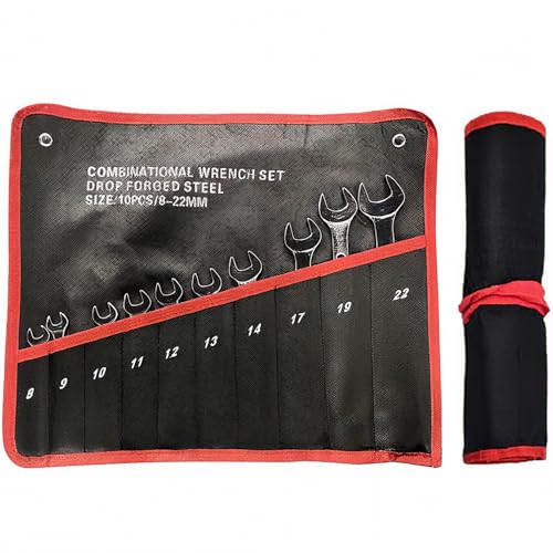 Gluckluz Combination Wrench Set 10Pcs Ratcheting Wrench Set 12 Point Box & Open End Spanner Kit with Roll-up Pouch & 8mm to 22mm for Household Garage Motorcycle Car Repairs Emergency Mechanical Work