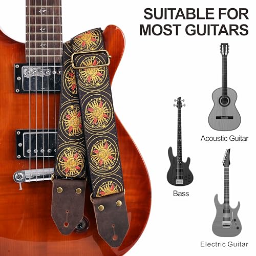 Image of Nefelibata Guitar Strap,Jacquard Embroidery Cotton Guitar Straps with Crazy Horse Leather Ends for Bass, Electric & Acoustic, Best Gifts for Kids, Guitarists(Yellow Sun Embroidery)