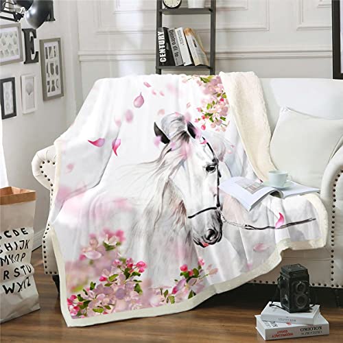 Girls Horse Throw Blanket for Boys Chic Cherry Blossom Fleece Blanket Boys Teens Galloping White Horse Blanket 3D Wild Animal Horse Fuzzy Blanket Western Rustic Farmstyle Bedroom Decor 30"x4