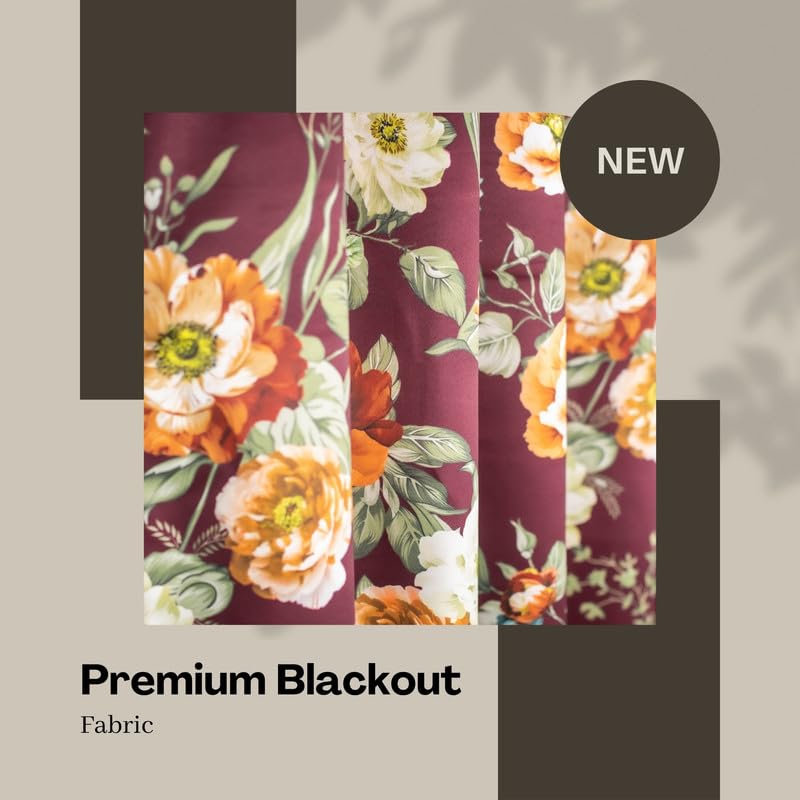 Image of Blackout 8 feet Long Curtains Set of 1 with Tie Back, parda 8 feet Long, Foil Printed Curtain for Living Room, Bedroom, 80-85% Blackout, Perfect for Home (8 Feet, Maroon, Green and Orange)
