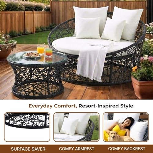 Image of DEVOKO Black & White Outdoor Wicker & Rattan Daybed For Poolside, Garden, Balcony, Patio, Beach, Terrace, Porch, Backyard - Unique Round Sofa Furniture, 139 Centimeters, 122 CM, 76 CM