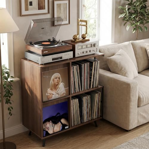 Image of Faesun 3 Tier Flip Top Record Player Stand, Vinyl Record Storage Holds up to 300+ Albums, Large Record Player Cabinet, Vintage Turntable Stand with Vinyl Display, for Living Room Bedroom, Walnut