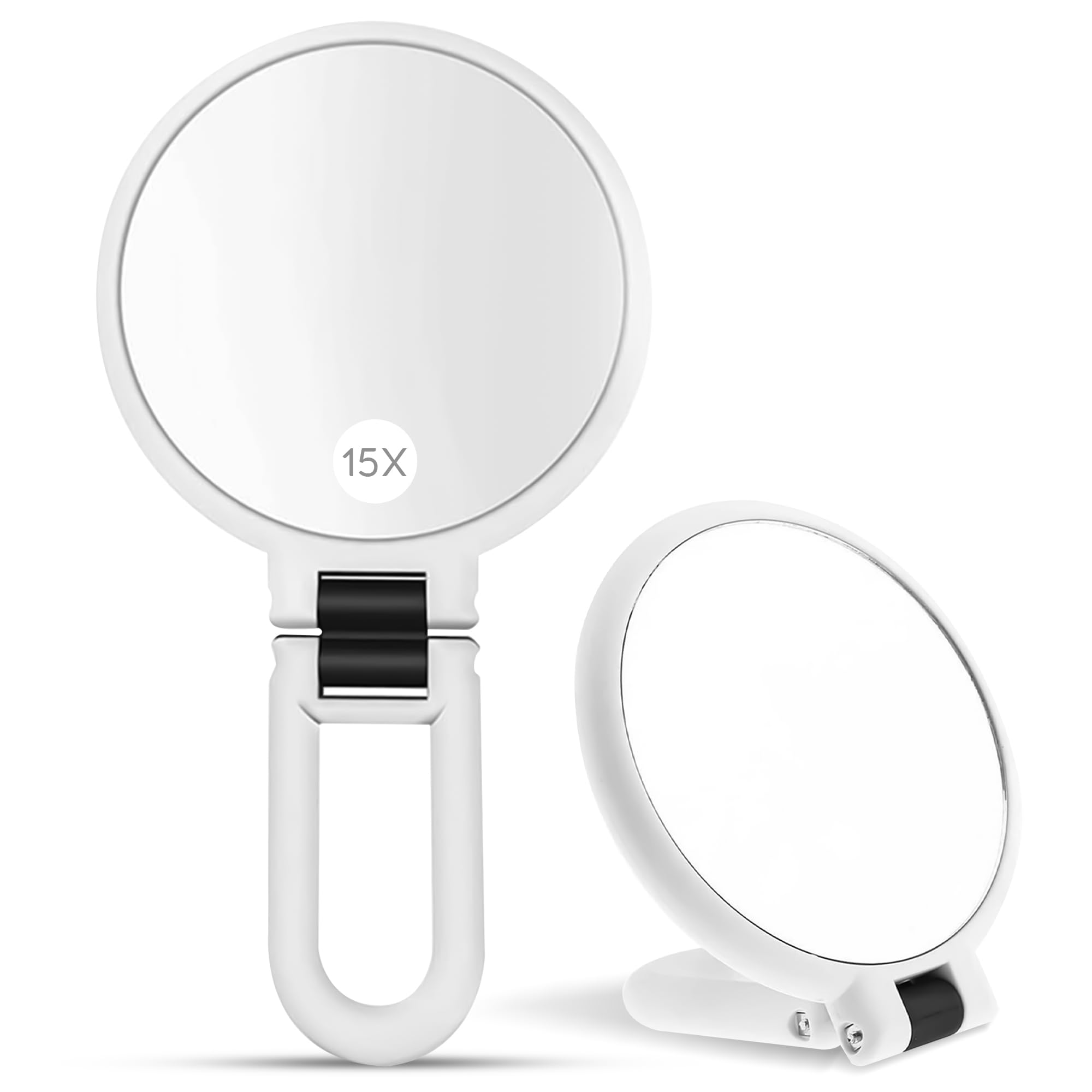 IZIVAN ®️ Espejo de Aumento 15x Plegable de Mano con Mango - Ideal para Maquillaje y Viajes, Espejo Pequeño Portátil para Peluquería (Blanco)