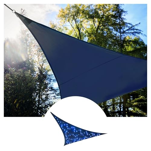 Perel Sonnensegel mit 100 LEDs, Sternhimmel, Segel Sonnenschutz für Terrasse Pool, wasserdurchlässig, UV-Schutz, 3 Edelstahl-Ringe, 3.6 x 3.6 x 3.6 m, 180 g/m², Solarenergie, HDPE, Dreieck, Blau