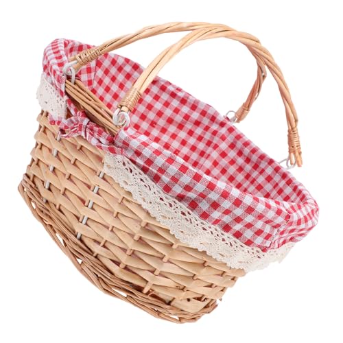 Luxshiny Cesta para Almacenamiento de Frutas Tejida de Mimbre y Tela Roja, Ligera y Elegante de Picnic y Decoración al Aire Libre
