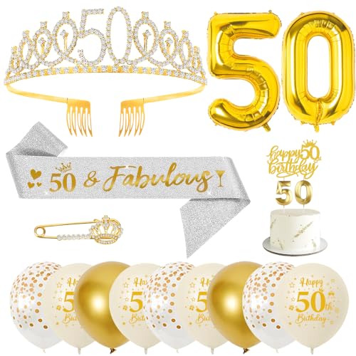 Corona 50 Años Banda y Faja de Oro, Tiara Corona Mujer, Globos, Velas Números 50, Topper de Tarta y Decoración para Fiesta Cumpleaños