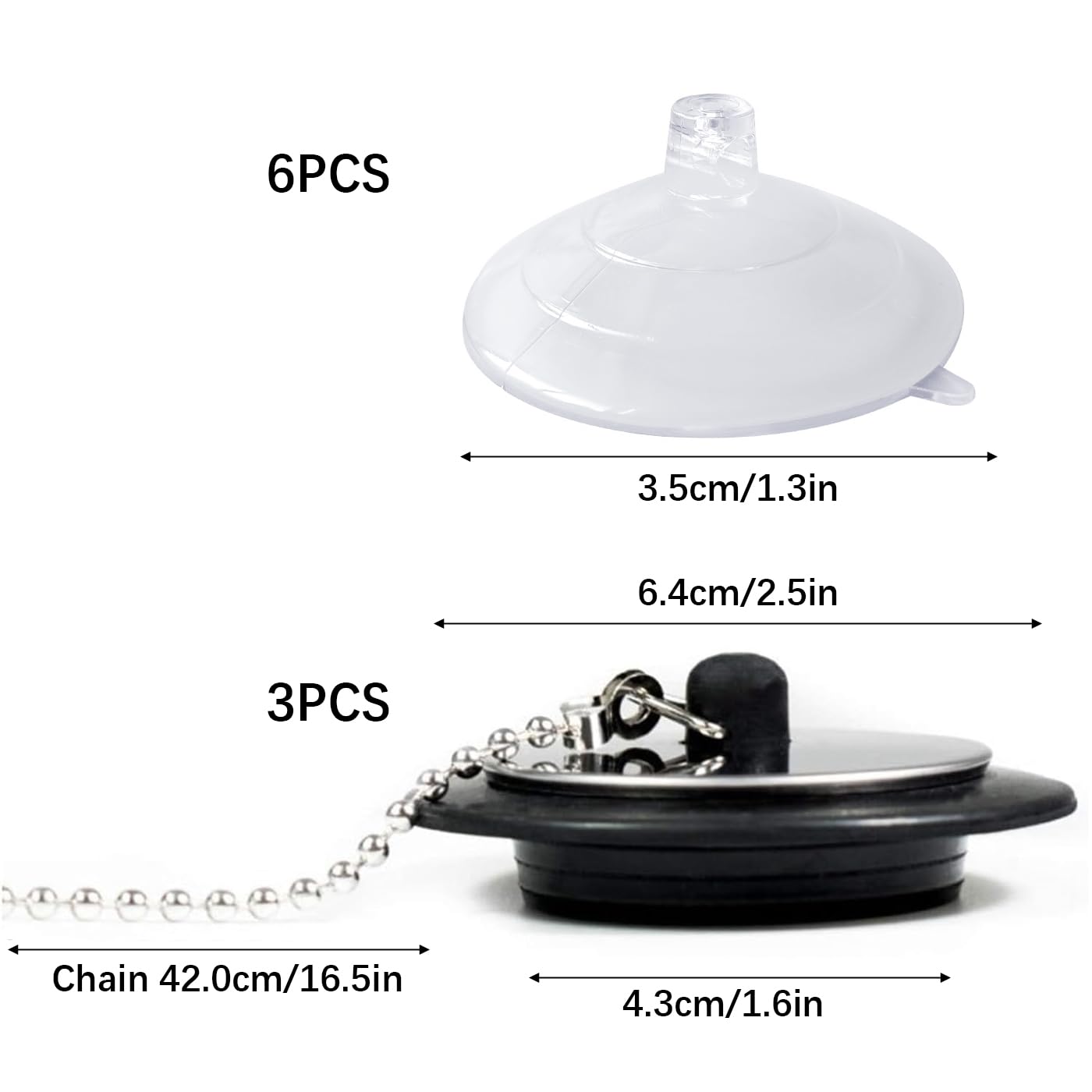 SSKHE Universal Bath Plug,3 Pcs Sink Plug Replacement with Stainless Steel Chain,Pop Up Drain Stopper Plug Cover Trap Strainer for Bathroom Kitchen Black with 6 Pcs Sucker(1.65in To 1.77in) - Image 2
