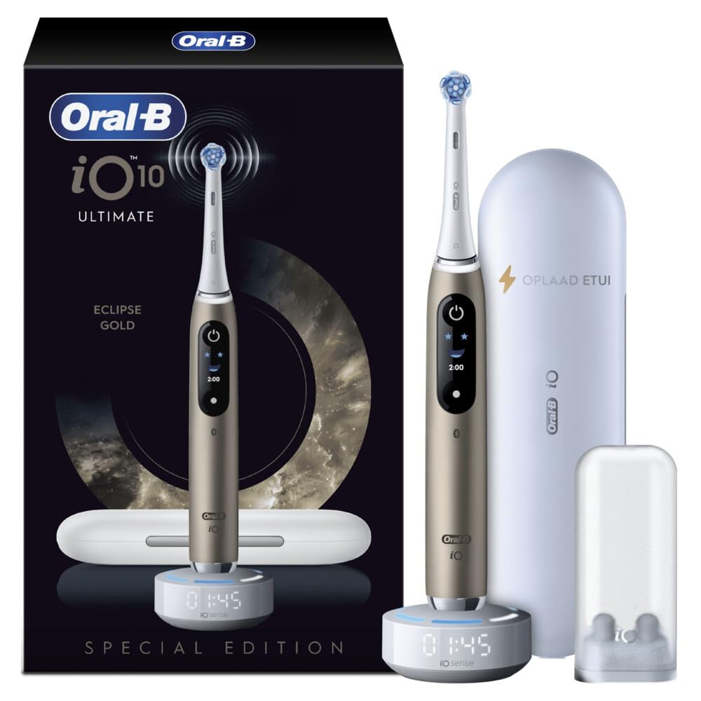 Oral-B iO Series 10 - Cepillo de dientes eléctrico (incluye 1 cabezal, estación de carga rápida iO Sense, estuche de viaje, estuche de cabezal, Eclipse Gold | Incluye 1 cepillo de carga, estuche de viaje, iOSense, cepillo eléctrico con 7 modos de cepillad