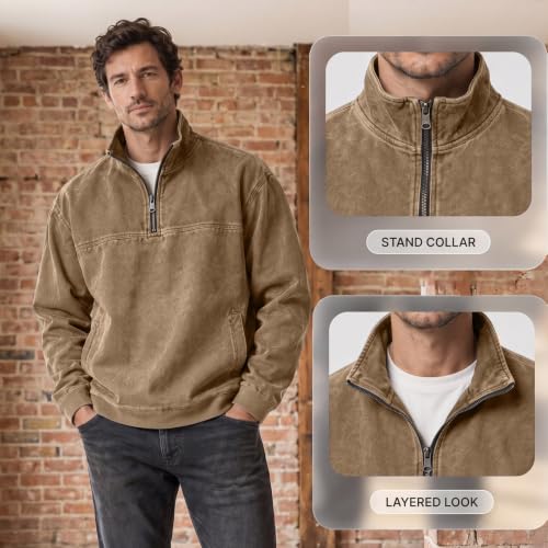 Denim Shirt Men Washed Vintage 1/4 Zip Pullover Shirt with Pockets - image 9