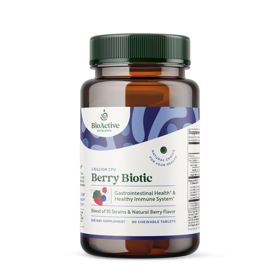BIOACTIVE NUTRIENTS BerryBiotic Chewable Probiotics & Prebiotics Supplement-for Men, Women and Children-10 Verified Strains-2 Billion CFUs-60 Count
