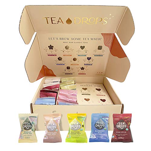 Organic Loose Leaf Tea | Tea Drops 15 Party Pack Instant Tea Sampler | 3 of Each Matcha Green Tea,Chai Tea, Rose Earl Grey, Blueberry Acai & Vanilla White | Lightly Sweetened, Delicious Hot or Iced