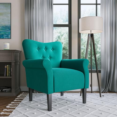 Image of BELLEZE Modern Accent Chair, High Back Armchair, Upholstered Wingback Side Chair, Padded Single Sofa with Wooden Legs for Living Room, Bedroom - Mallard Teal