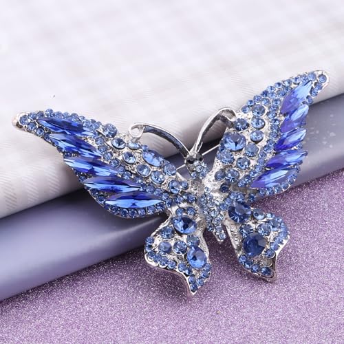 Image of FEELMEM Crystal Rhinestone Butterfly Brooch Pin Blue Color Butterfly Brooches for For Women Wedding /Banquet /Birthday Party