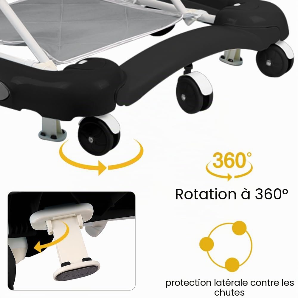 Trotteur Bébé Evolutif,Trotteur Marche Bebe Pliable,trotteur bebe,Garçons/filles, avec Musique, Hauteur Réglable en 5 Positions bol alimentaire détachable,67 * 75 * 85cm-Noir