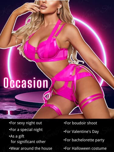 Kaei&Shi Garter Belt Thong Lingerie For Women,Strappy Hollow Out Underwire Racerback Sexy Lingerie,Harness Garter Leg Strap Matching 4 Piece Lingerie Set Boudoir Glow In The Dark Neon Pink Large #TOP5