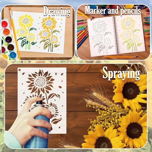 Image of Wildflower Stencils for Painting on Wood, Vine Cherry Blossom Bird Tree Leaf Stencils for Crafts Reusable Wood Burning Drawing Art Paint and Patterns for Wall Cake Cookie (13 Spring A5) (Sun flower)