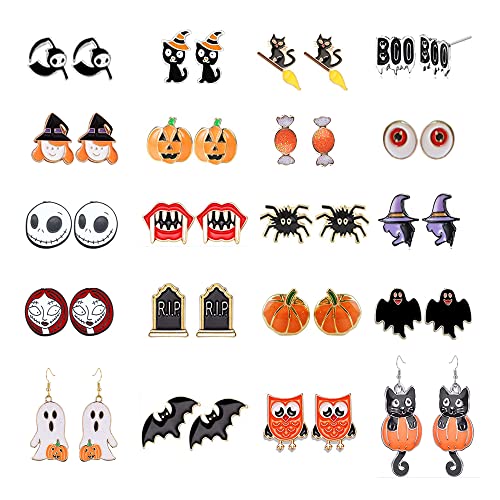 20/24 Pairs Hypoallergenic Halloween Earrings for Girls Cute Stud Earrings Sets Halloween Earrings for Women Teen Girls Pumpkin Spider Bat Black Cat Ghost Witch Candy Spooky Earrings Halloween Jewelry Fall Earring Set