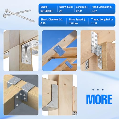 Image of Mech.Galv.#9 x 2-1 /2 inch Joist Hanger Screws-200 Qty,9212R200 Hurricane Screws | 1 /4 inch Hex Socket Wood Screw,0.370 inch-Dia Deck Screw, Joist Hanger Connector Screws Replace 10D Nails-1500 Hours Salt Spray Test