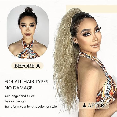 PORSMEER Ponytail Extension Ash Blonde Long Curly Drawstring Clip in Pony Hair Extension Synthetic Pony Tail Hairpiece for Women - Image 4