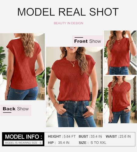 Image of SHEWIN Womens Tops Crewneck Cable Knit Short Sleeve Sweater Loose Lightweight Blouses Dressy Casual Pullover Sweaters Top