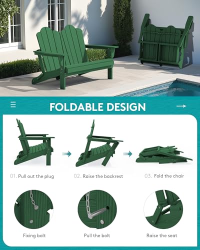 Image of SERWALL Folding Adirondack Bench, HDPE All-Weather Adirondack Loveseat, 660 lbs Capacity, Foldable Outdoor Patio Bench for Deck, Lawn, Garden, Green