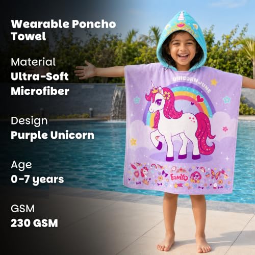 Image of Famyo Maxx Hooded Poncho Towel for Kids 1-7 Years, Purple June, 60x60 cm | Soft Quick-Dry Microfiber Kids Bath Towel | Swimming, Pool & Beach Towel for Boys & Girls for Kids