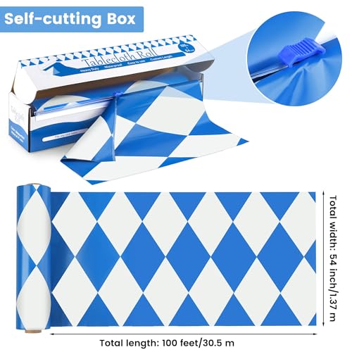 Image of Kochorie100 Ft x 54 Inch Oktoberfest Plastic Tablecloth Roll with Slide Cutter Box Disposable Bavarian Blue & White Argyle Design, Waterproof Blue Diamond Table Cover for Festivals Events Party Decor