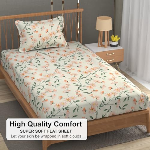 Image of FRESH FROM LOOM Single Bed Microfiber Floral Print Bedsheet - 240 TC, Hypoallergenic, 1 Pillow Covers (Size- 60 x 90 Inch | Barely-Peach)