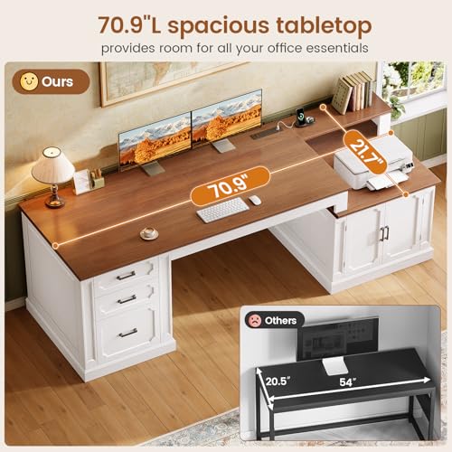 Image of SEDETA Farmhouse 70.9 inch Executive Desk, Home Office Desk with File Drawers and Storage Cabinet, Computer Desk with Power Outlet for Home Office, Work Study Writing, White+Brown