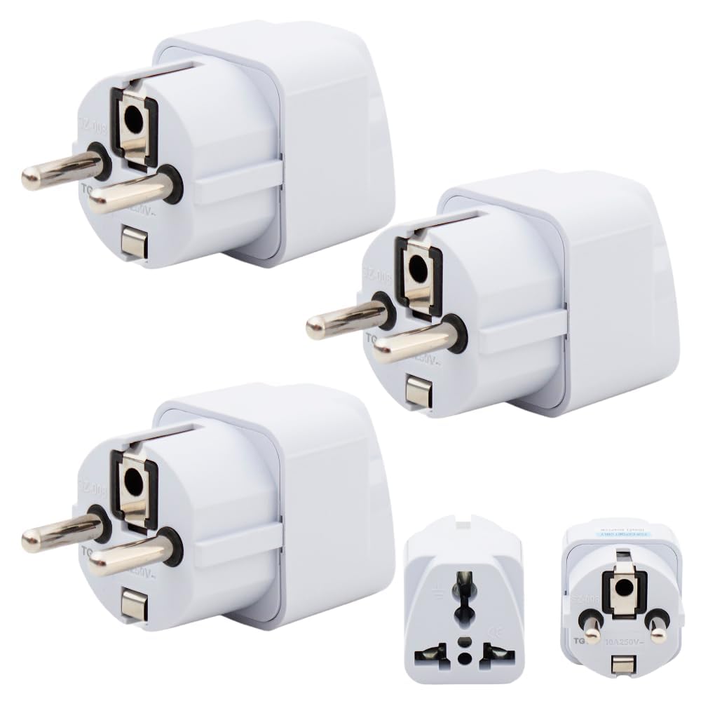 india to europe converter plug, germany travel adapter (pack of 3) type e/type-f universal socket with schuko pin power plug, 2pin to 3pin south korea • france • europe • russia