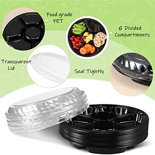 Lyellfe 30 Pack Plastic Appetizer Tray With Lid, Disposable Round Fruit Veggie Tray With 6 Compartment, 10.5 Inch Heavy Duty Black Snack Serving Platter Container For Salad, Nut, Olive, Party #TOP2