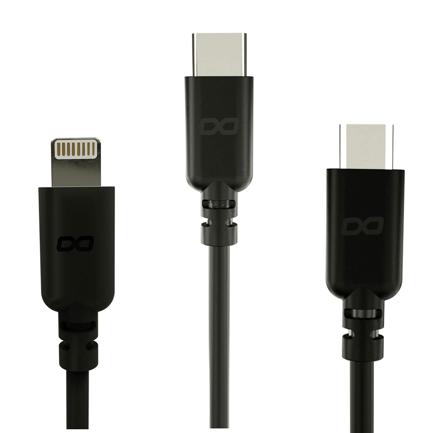 KwikBoost Cable Bundle, 8 Cables Including 3 Apple MFi Certified Lightning, 2 Micro USB and 3 USB Type-C Charge and Sync Cables - 20 Inches (0.5 Meters) – Black