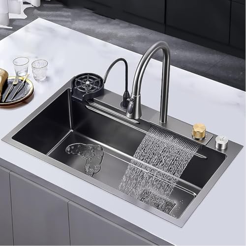 Image of LUXART 30x18x9 Inch Multifunctional Waterfall Sink | Stainless Steel Workstation with Cup Washer | Pull-Down Faucet | and Honeycomb Anti-Scratch Design