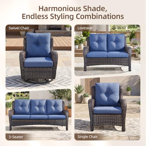 Image of Rilyson Patio Outdoor Wicker Swivel Rocker Chairs Set of 3, Blue Cushions | High Back and Deep Seating, All Weather, Water-Resistant, Removable Cover, Stain-Resistant, for Garden Backyard Deck