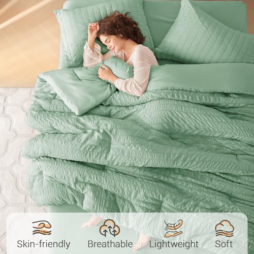 Image of MUXHOMO 7 Pieces Queen Comforter Set, Seersucker Bed in a Bag Queen Size, All Season Luxury Bedding Set with Comforter, Flat Sheet, Fitted Sheet, Pillowcases & Shams, Sage Green
