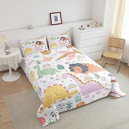 Image of Feelyou Dinosaur Comforter, Cute Rainbow Dino Comforter Set Toddler Size for Kids Boys Girls Jungle Dino Comforter Set Toddler Size Cartoon Rainbow Wildlife Duvet Set Durable Quilt Set