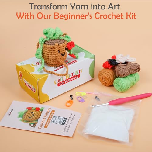Image of A-URA Learn to Crochet Kit for Beginners Kids and Adults, Premium Pattern Sunflower Beginner Crochet Kits with Easy Tube Yarn & Step-by-Step Video Tutorials (Hanging Pot Plant)