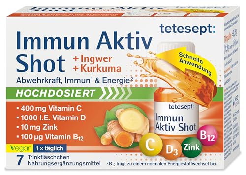tetesept Immun Aktiv Kurkuma-Ingwer Shot [7 Trinkfläschchen] Hochdosierter mit Vitamin D, C, B12 und Zink - Multi-Nährstoffkomplex für das Immunsystem
