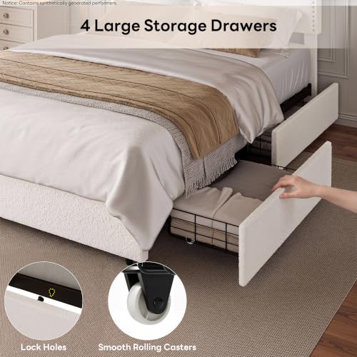 Image of LIKIMIO Queen Upholstered Bed Frame with 4 Storage Drawers, White Boucle | 41 inch /43 inch Height-Adjustable Headboard, With Under-Bed Drawers, No Box Spring Needed