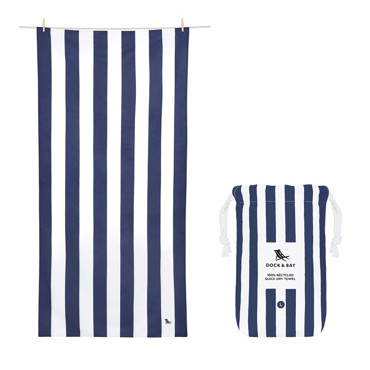 Dock & BayBeach Towel - Quick Dry, Sand Free - Compact, Lightweight - 100% Recycled - Includes Bag - Cabana - Whitsunday Blue, Extra Large (200x90cm, 78x35)