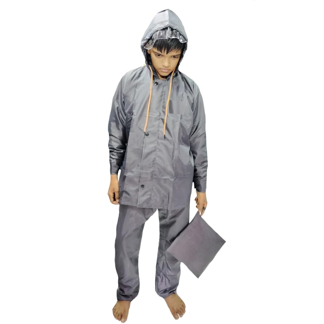 D8211K Children’s Waterproof Hooded Raincoat & Pant Set | Durable, Lightweight, Portable Rain Suit with Carry Pouch (M, Grey, 8 Years - 9 Years)