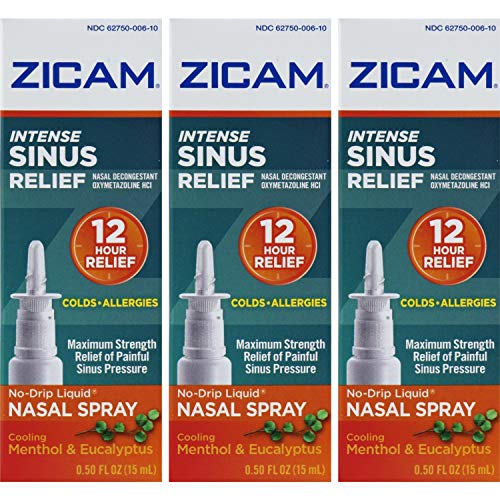 Zicam Intense Sinus Relief Nasal Spray, 12 Hour Relief of Painful Sinus Pressure, No-Drip Liquid with Cooling Menthol & Eucalyptus - 0.50 fl oz (Pack of 3)