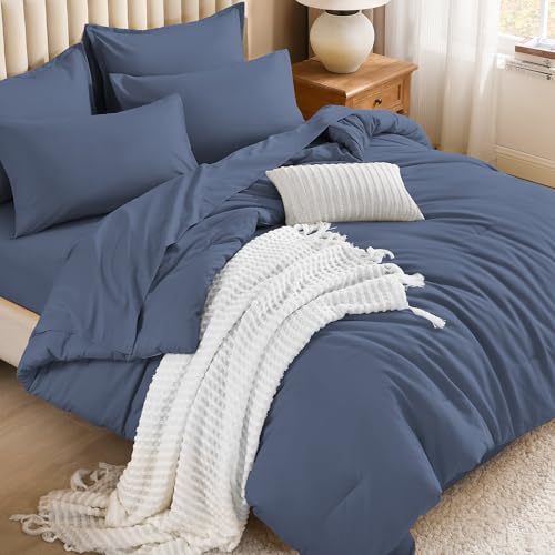 Image of Litanika Full Size Comforter Sets Bluish Grey - 7 Pieces Bed in a Bag Full Bedding Comforter Sets, Solid Lightweight Bed Set with Comforter, Sheets, Pillowcases & Shams