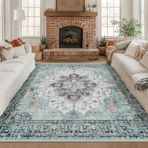 RELEANY Washable Area Rug, Square 8'x8', Teal Green/White/Navy