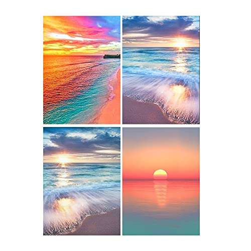 DCIDBEI 30 x 40 cm 4 piezas Kit pintura diamante,Cuadros Redondo Love Diamond Painting 5D playa colorida adultos regalo cumpleaños fiesta boda decoración de pared-Paisaje mar y atardecer