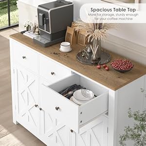 FINETONES Buffet Cabinet with Storage, 47.3” Farmhouse Sideboard Buffet Cabinet, White Kitchen Cabinet Display Cabinet with 3 Drawers and 3 Doors, Wood Coffee Bar Cabinet for Kitchen Dining Room FINETONES Buffet Cabinet with Storage 473 Farmhouse Sideboard Buffet Cabinet White Kitchen Cabinet Display Cabinet with 3 Drawers and 3 Doors Wood Coffee Bar Cabinet for Kitchen Dining Room