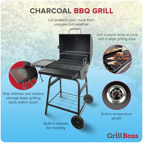 Image of Grill Boss 23 Inch Charcoal Barrel Grill with Adjustable Grate, Large Cooking Area, Black